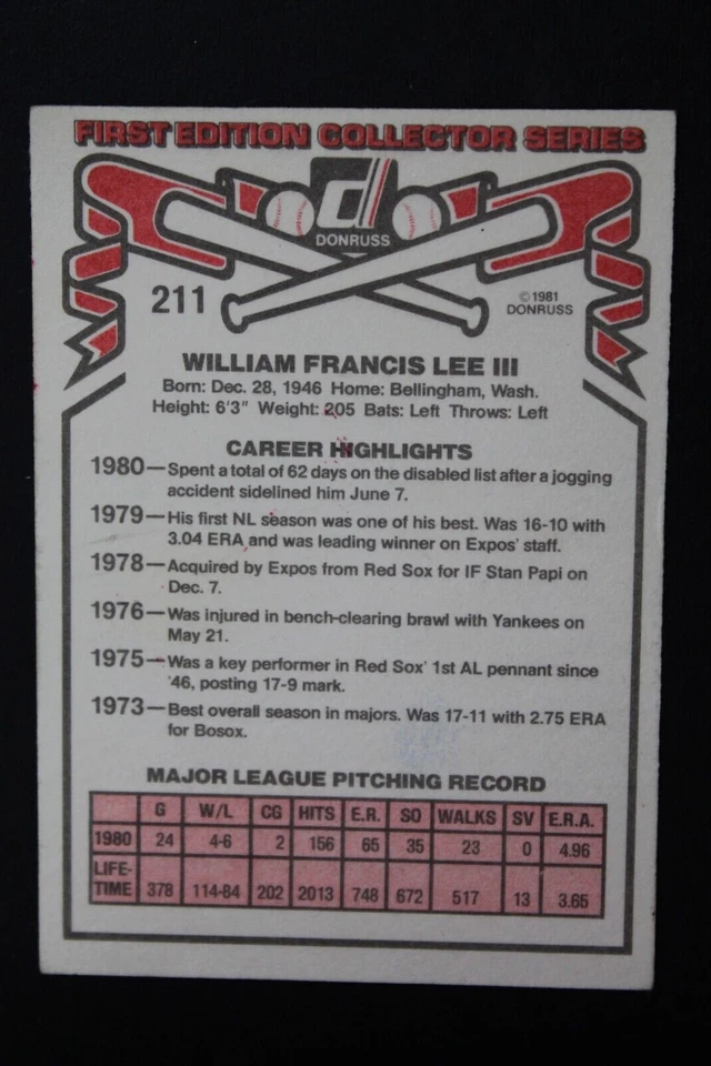 Bill Lee Montreal Expos Autographed 1981 Donruss #211 Signed Baseball Card - Image 2 of 3