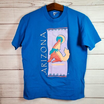 Vintage 1989 Arizona Coyote Native American Shirt Men's Large Teal Made in USA