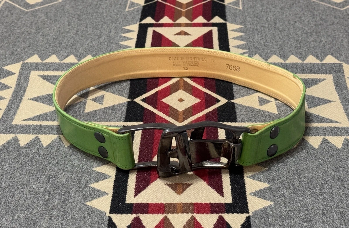 Vintage 1990\'s State Of Claude Montana Slim Green Leather Gunmetal Buckle Belt Claude Montana for Idéal-Cuir Late  main image 3