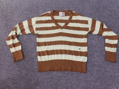 Scotch Soda Sweater women small Green striped brown pullover v-neck viscose