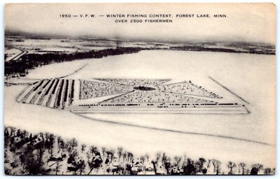 Postcard Forest Lake MN 1950 VFW Winter Ice Fishing Contest 2500 Fishermen A56