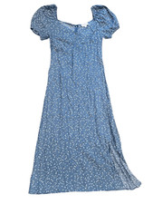 NWT Loft Dress Women's 2 Green Teal Leaf Print Midi Slit Sweetheart Puff Sleeve