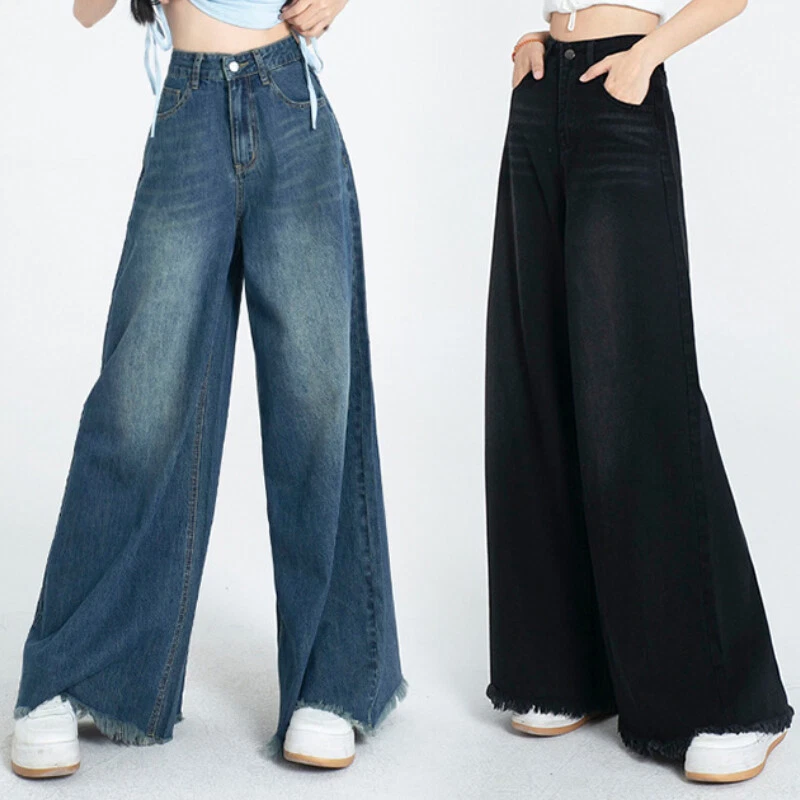 Pantaloni Jeans Donna A Vita Alta, Gamba Larga, Blu, Taglia S, In Cotone, Stile Casual