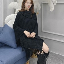 Poncho en Maille Cape Femme 2020 Sans Motif Col Cheminée Franges Couleur