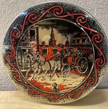 Vtg Fruit Cake Tin Gold w/ Black  Red Horse Drawn Carriage 2 Christmas 2D Art