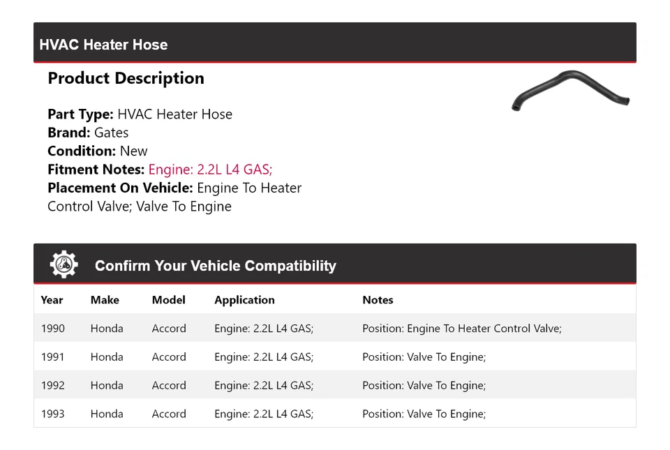 Puertas de manguera de calefacción de gas para Honda Accord 1990-1993 2,2 L L4 1991 1992 Foto 2 de 4