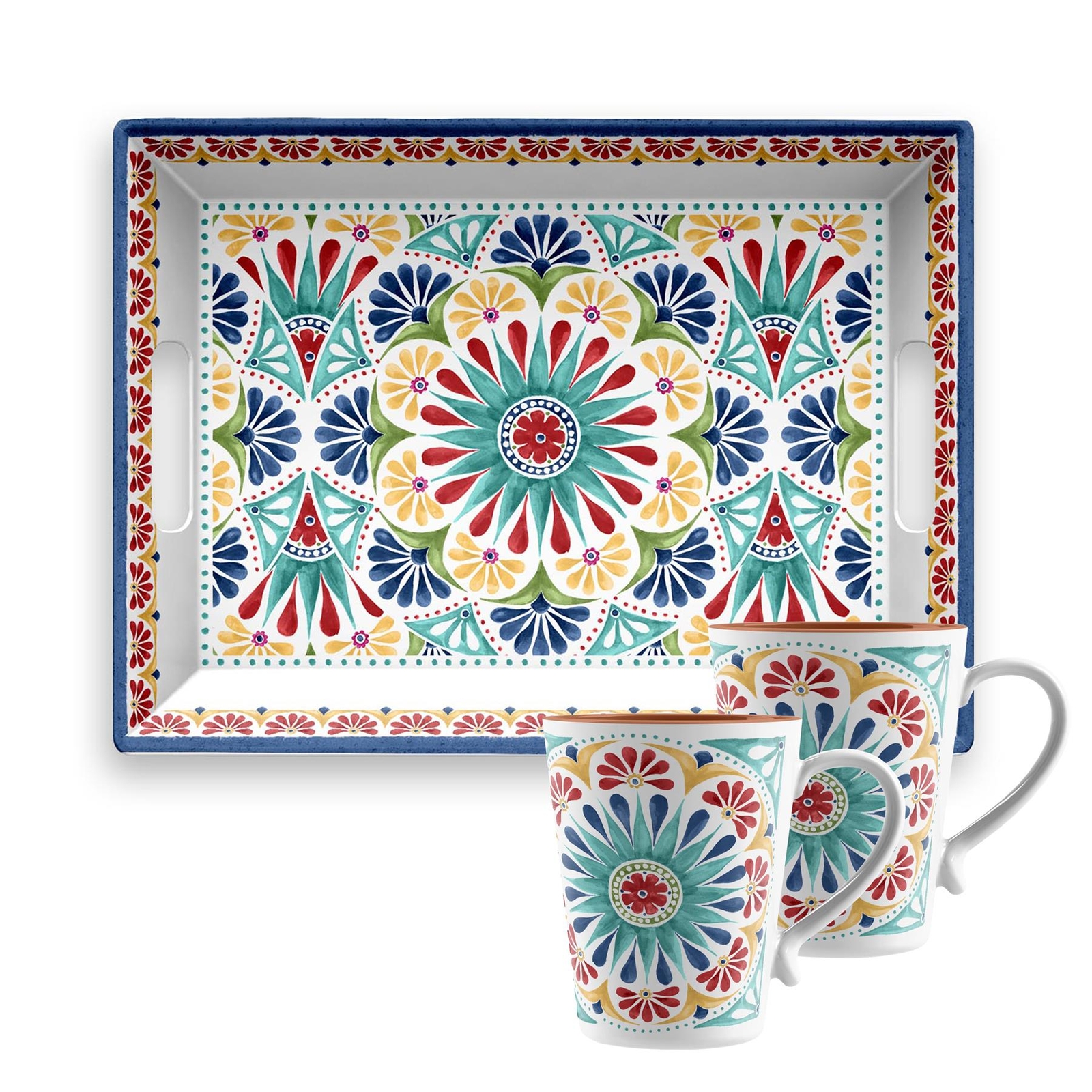 Purely Home Rio Medallion Large Rectangular Melamine Serving Tray & 2xMugs
