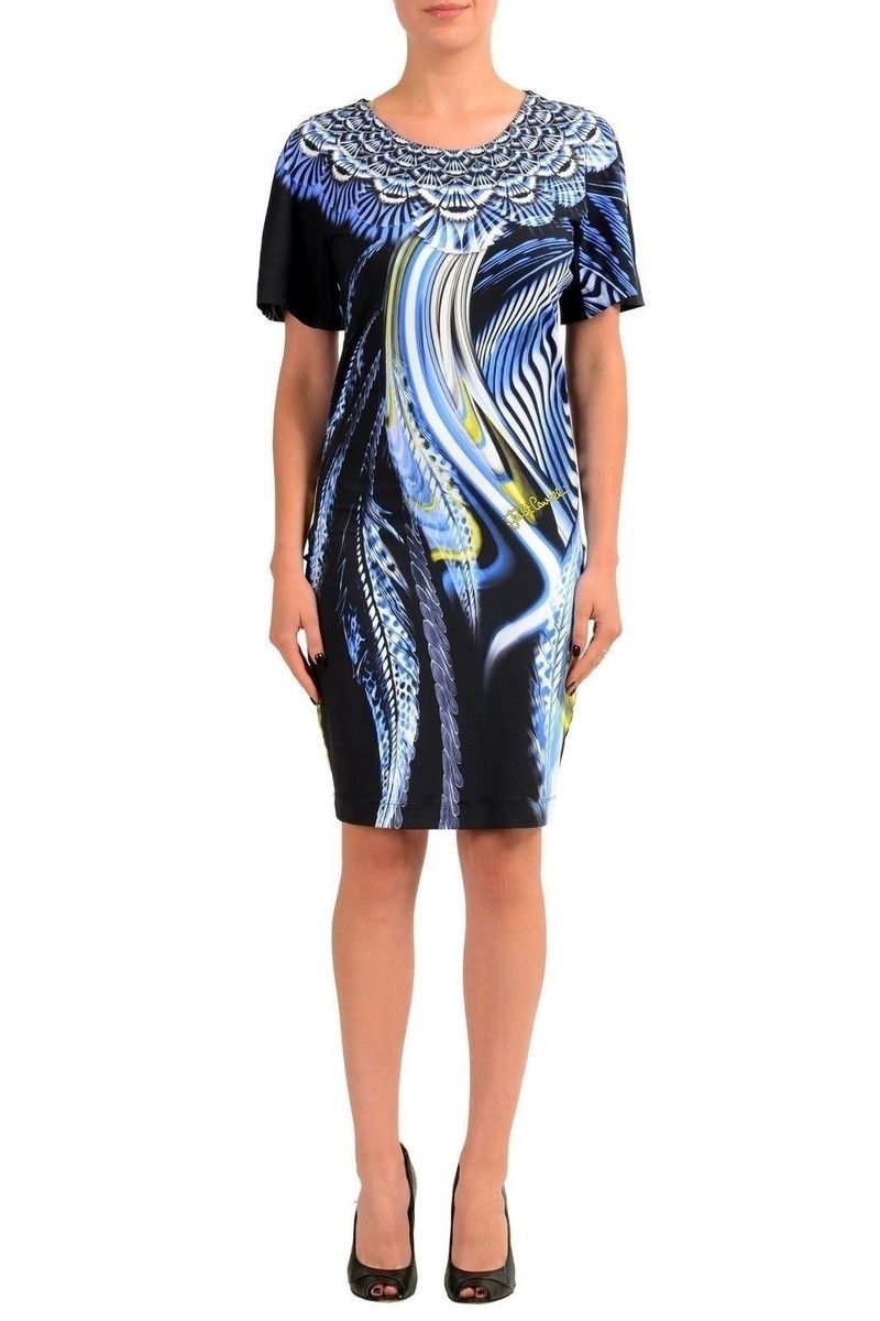 Robe Manches Courtes Just Cavalli - Imprimé Graphique Multicolore - Taille US 4 / IT 40 - Neuf Avec étiquettes