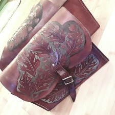 Saddle bags original hand carved tooled leather brown oak leaves 13 x 11 each