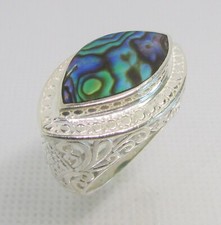 925 STERLING SILVER GENUINE MARQUISE ABALONE FILIGREE RING SIZE 8  9.0 G