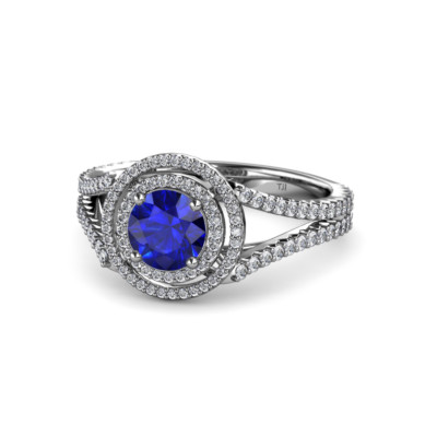 Round Blue Sapphire Diamond Double Women Halo Engagement Ring 14K
