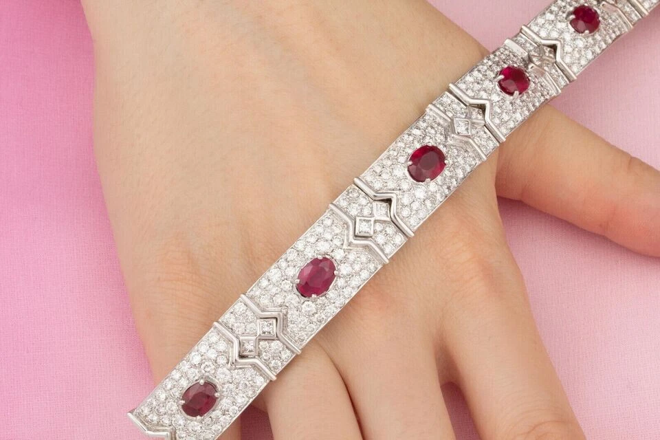 Exclusive Oval Cut Pigeon Blood Red Lab Created Ruby Women's Tennis Bracelet - Image 2 of 4
