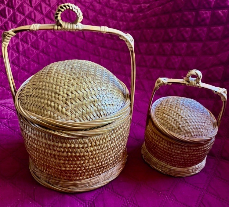 Vintage Chinese Rice Wedding Basket with Bamboo  Lid Handle