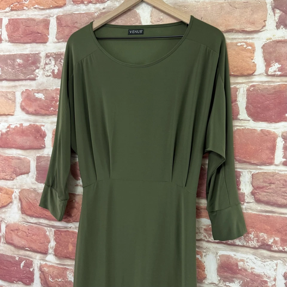 VENUS Dress Womens Large Olive Green Stretchy Pleated Cutout Back Casual Popover - Image 4 of 4