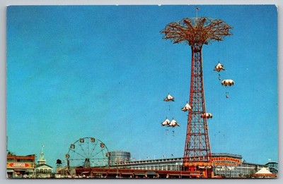 Vintage Postcard Steeplechase Park Coney Island NY Parachute Jump Ferris Wheel