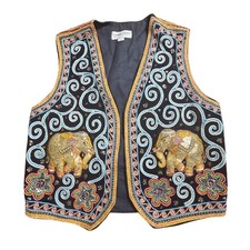 Carol Horn Workshop Beaded Elephant Embroidered Sequined Vest One Size Cotton