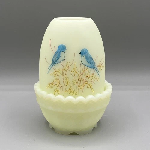 Vintage Fenton Uranium Custard Glass Bluebirds Fairy Lamp - Painted by J Andrick
