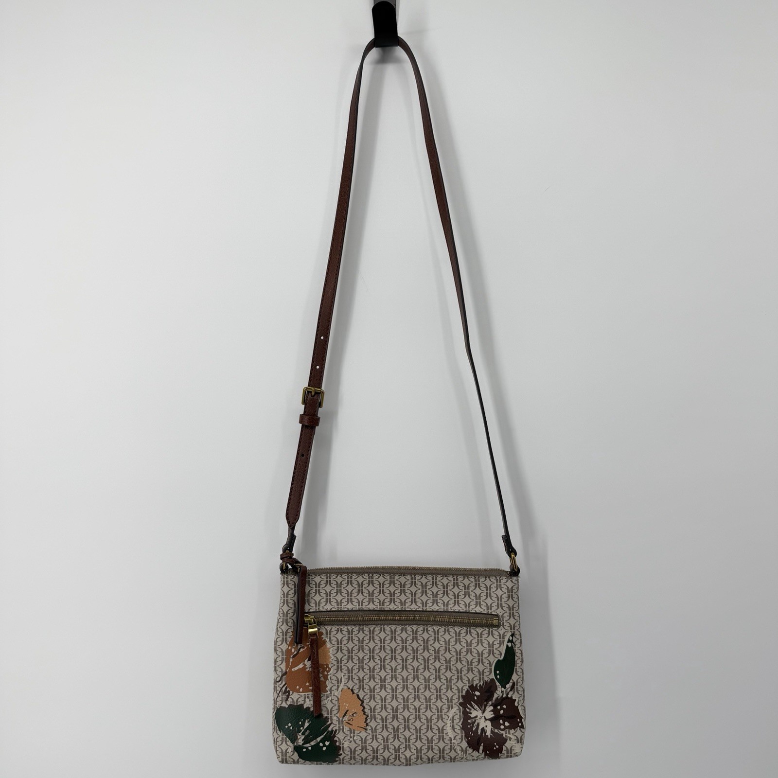 Fossil Fiona Crossbody Bag Purse Satchel Brown Cream Floral Boho