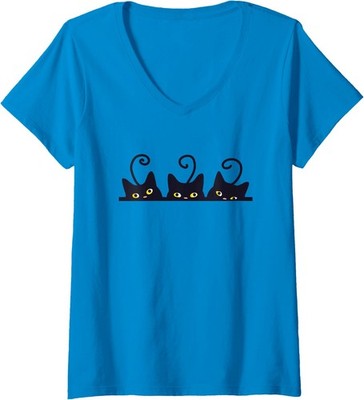 3 Black Cats Funny Cat Lovers Design Cat Lover Ladies' V-Neck Tshirt