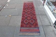 Vintage Hand Made Afghan Mushvani Oriental Red Wool Narrow Runner 237x64cm