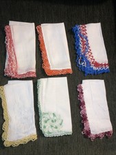 Vgt Lot Of 6 Cotton Linen Various Color Crochet Edges Hankies Handkerchiefs