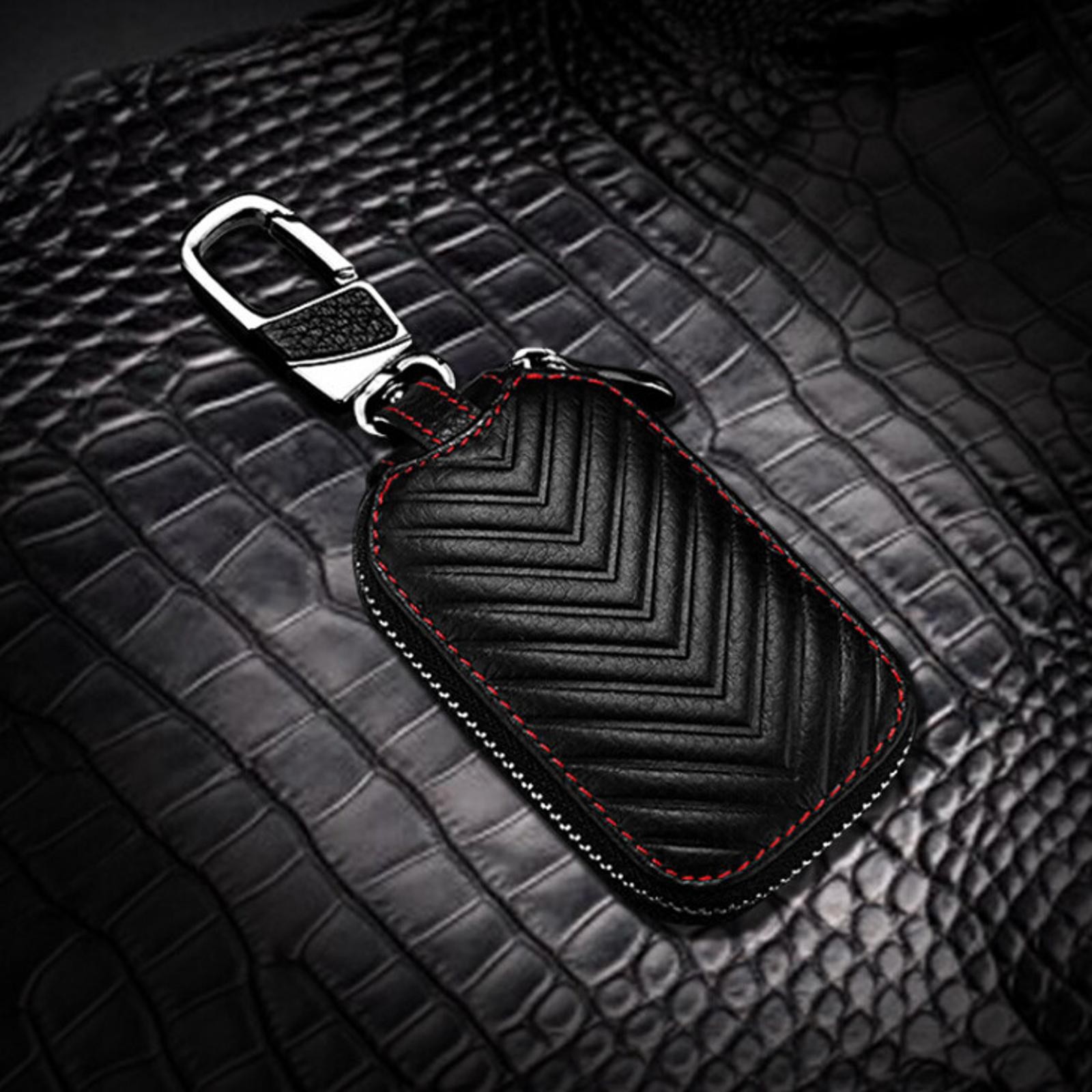 8.5x5x2cm Leather Car Key Protective Bag Holder Cover Zipper Case with Keychain