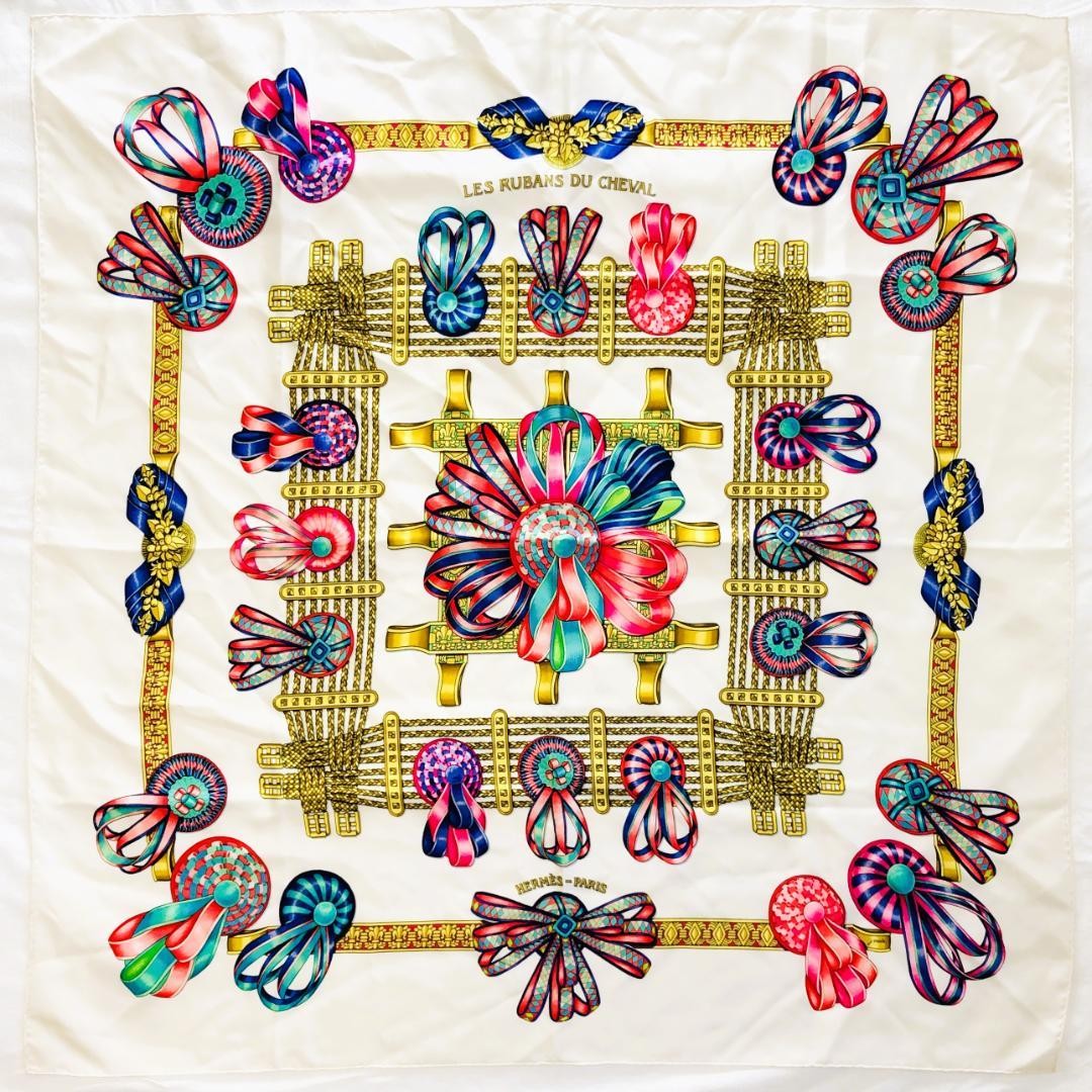 Hermes Carre 90 Silk Scarf Horse Ribbon Design Japanese Import No Tag