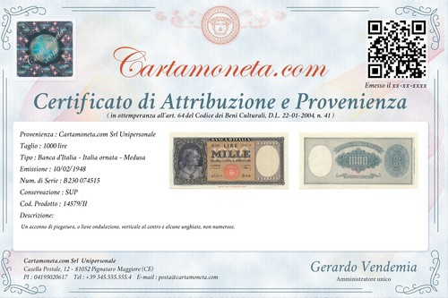 1000 LIRE ITALIA ORNATA DI PERLE MEDUSA 10.02.1948 SUP - Bild 4 von 6