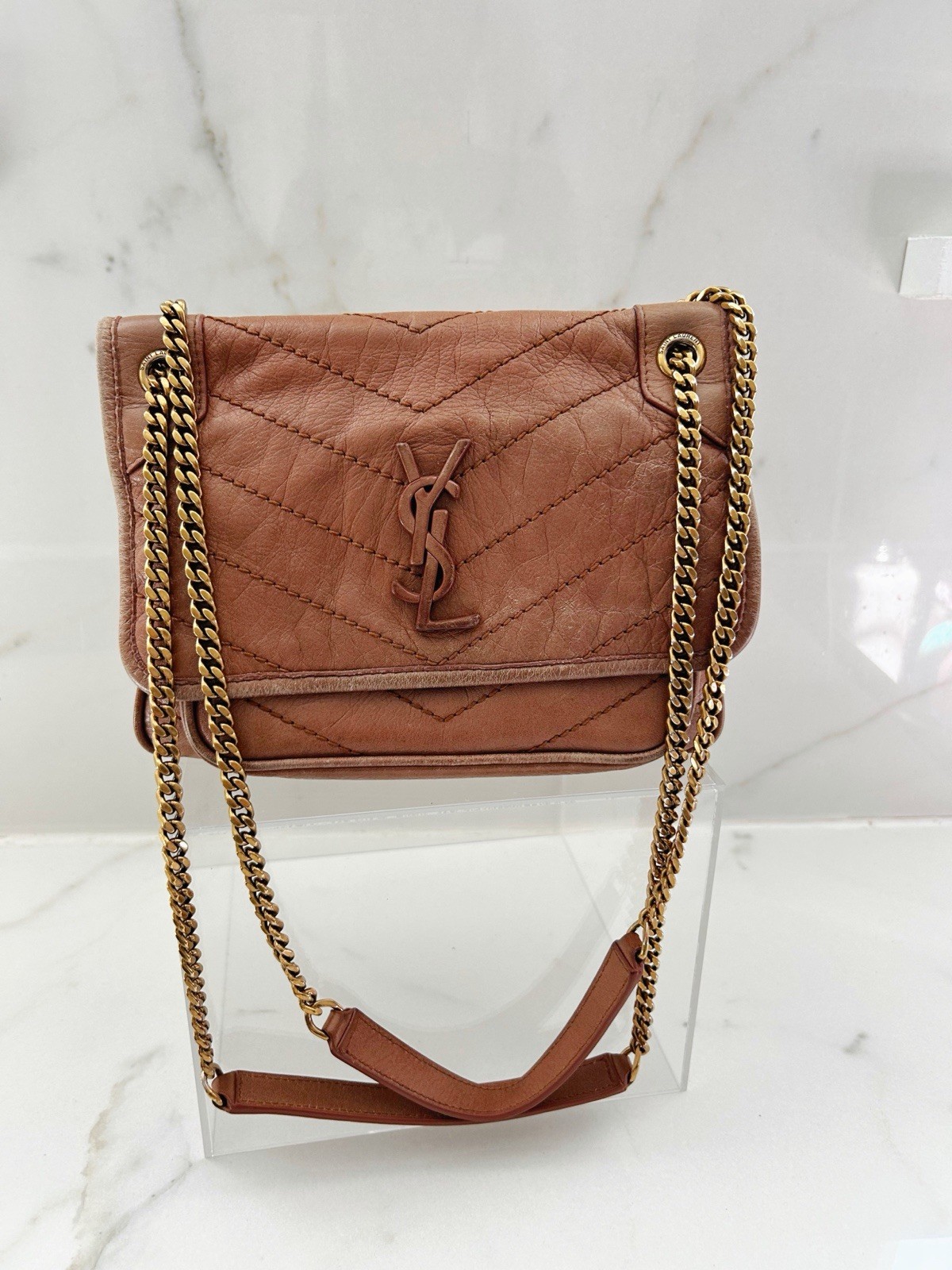 YSL 100% Authentic Saint Laurent YSL Niki Baby Caramel Vintage Leather -So Good!