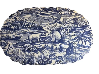 Vintage Toile de Jouy überbackene Tischsets blau weiß Tiere Jagd Vinyl 8er Set - Bild 1 von 4