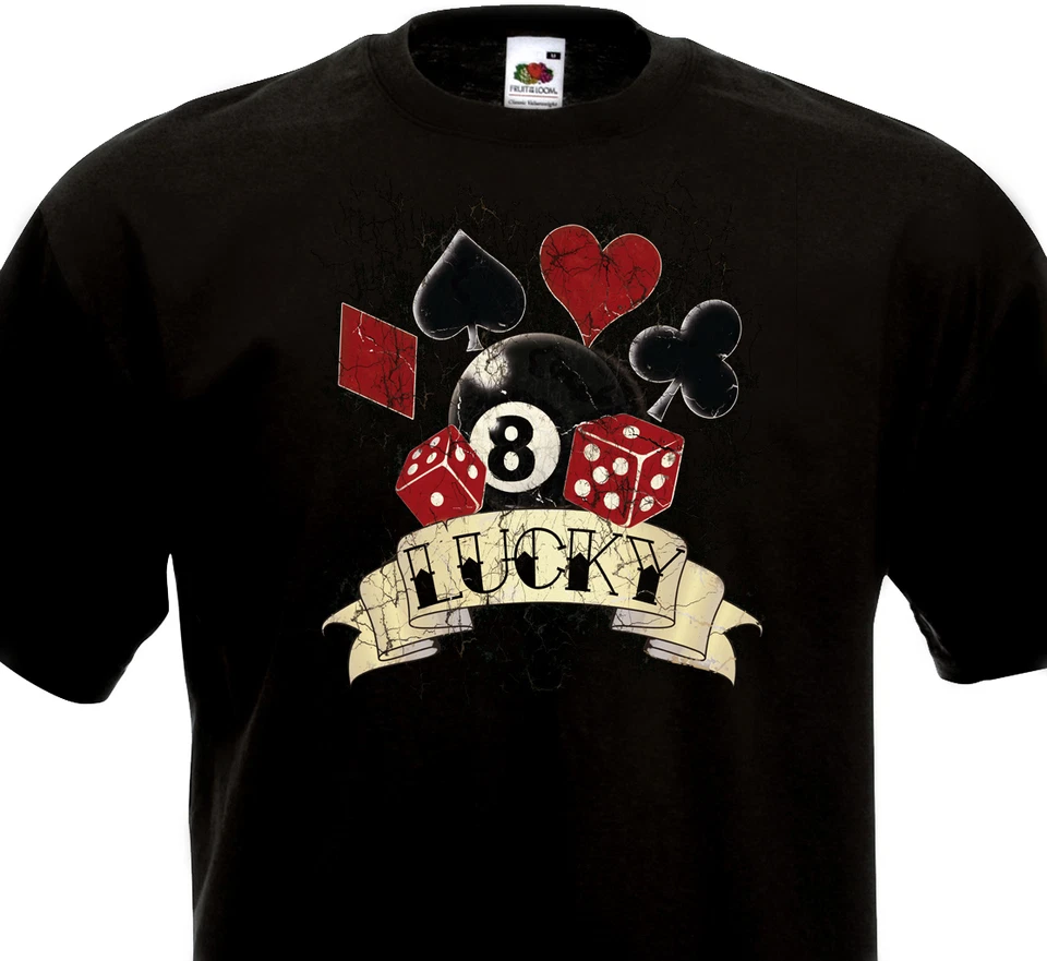 FRUIT OF THE LOOM T-shirt LUCKY - Tattoo Vintage 8 Ball Pique Trèfle Coeur Rock'n'Roll Rockabilly
