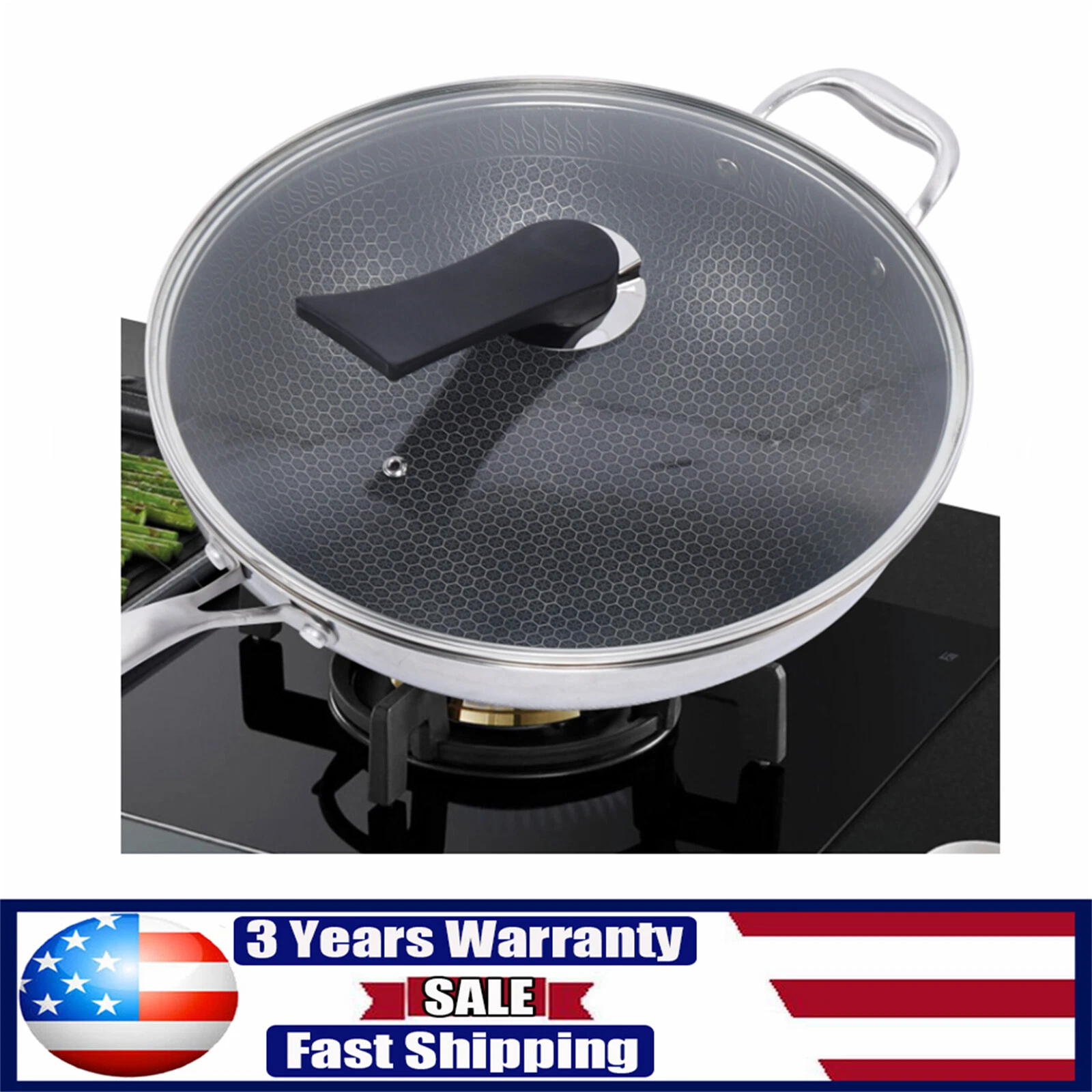 Non Stick Double Sided Screen Honeycomb Wok Stainless Steel Kitchen Frying Pan