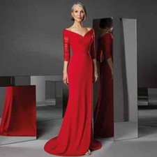 Red Mother Of The Bride Dresses Tulle Mermaid 3/4 Sleeves Evening Party Dress