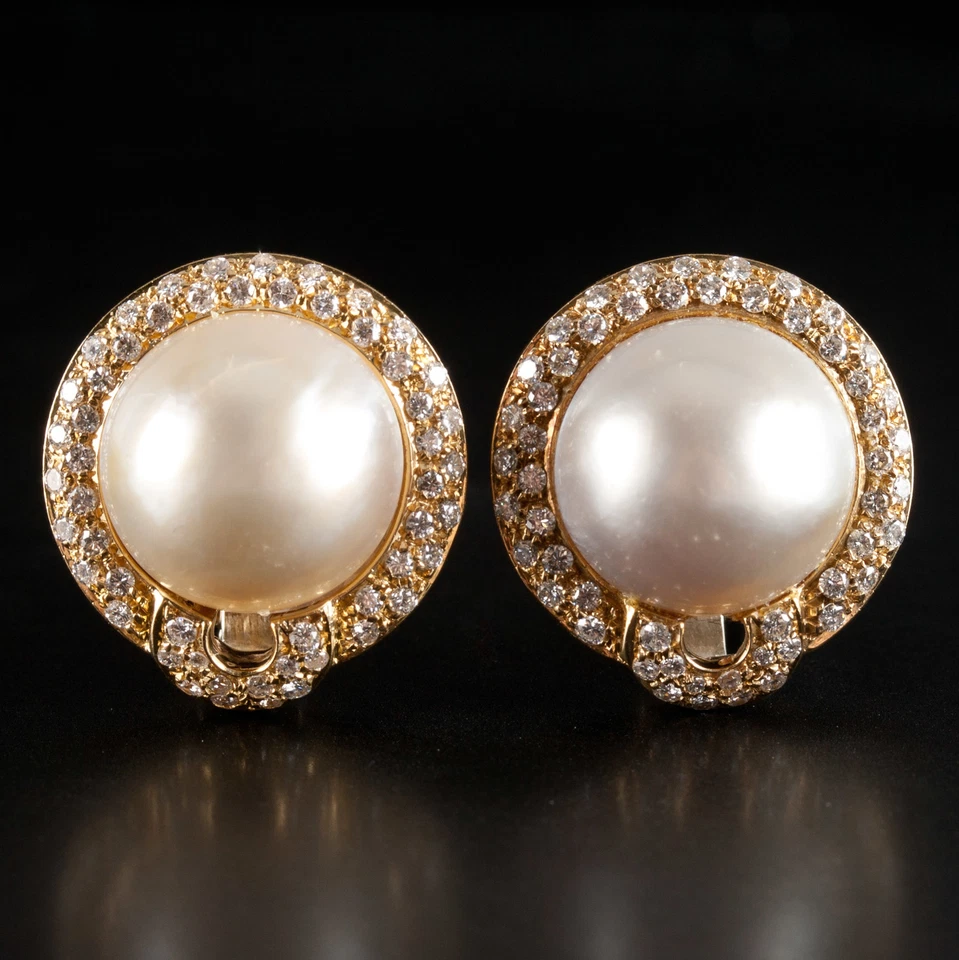 18k Yellow Gold Mabe Pearl & Diamond Huggie Earrings W/ Omega Backs .75ctw - Image 4 of 4
