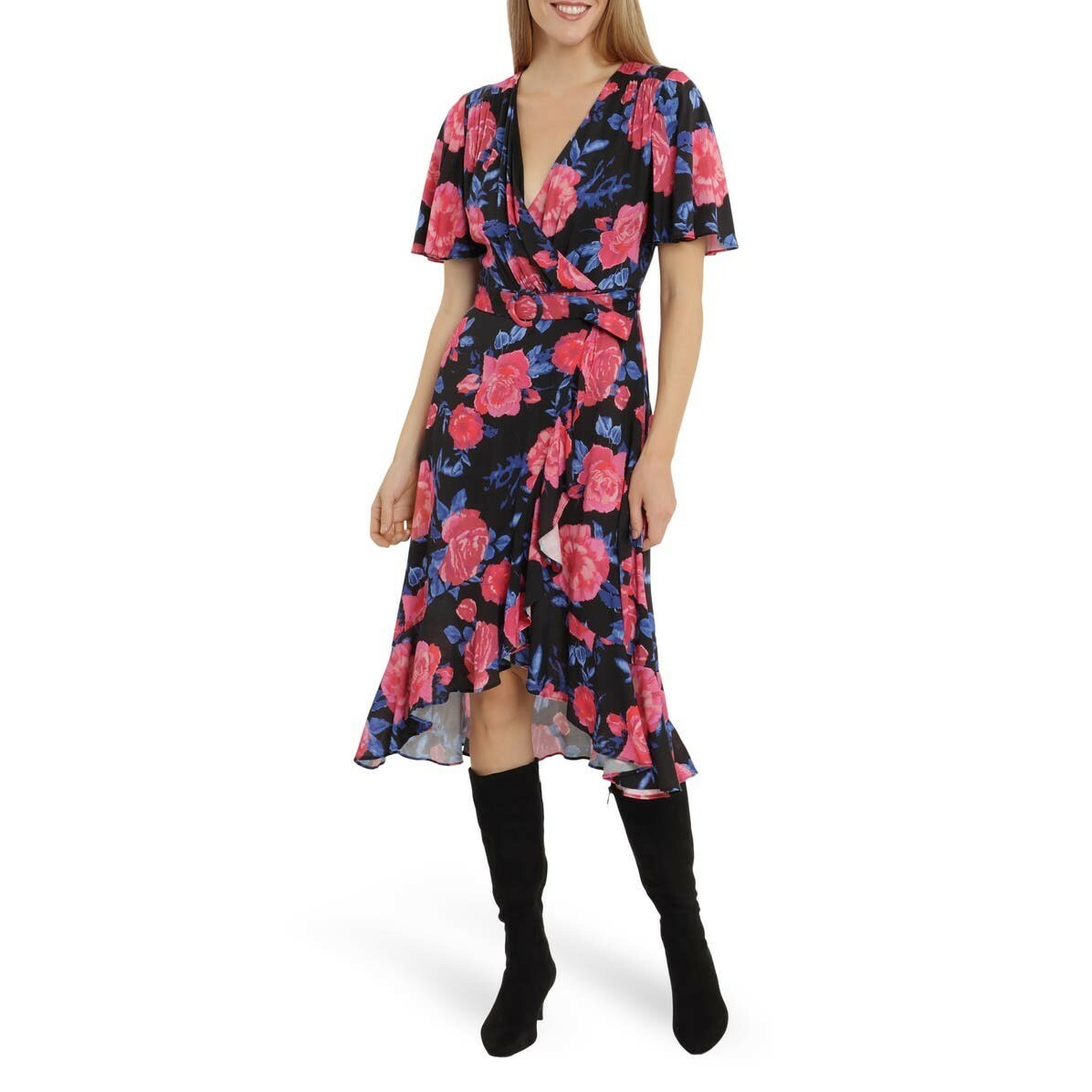 London Times Women Black Pink Floral Short Sleeve Faux Wrap Midi Dress Sz  10 New | eBay