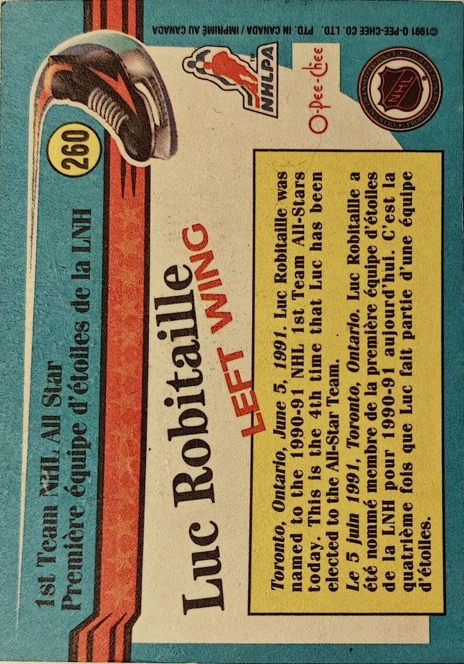 1991-1992 O-PEE-CHEE LUC ROBITAILLE ALL STAR LA Kings CARD #260 10/10 MINT - Image 2 of 3