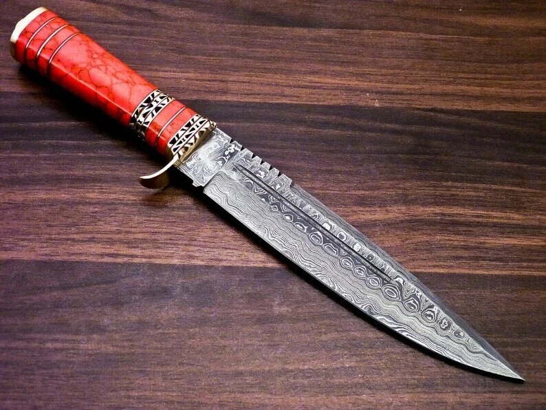 Beautiful Handmade Damascus Steel Hunting Bowie Knife with Red Jasper stone& Bra - Image 2 of 3