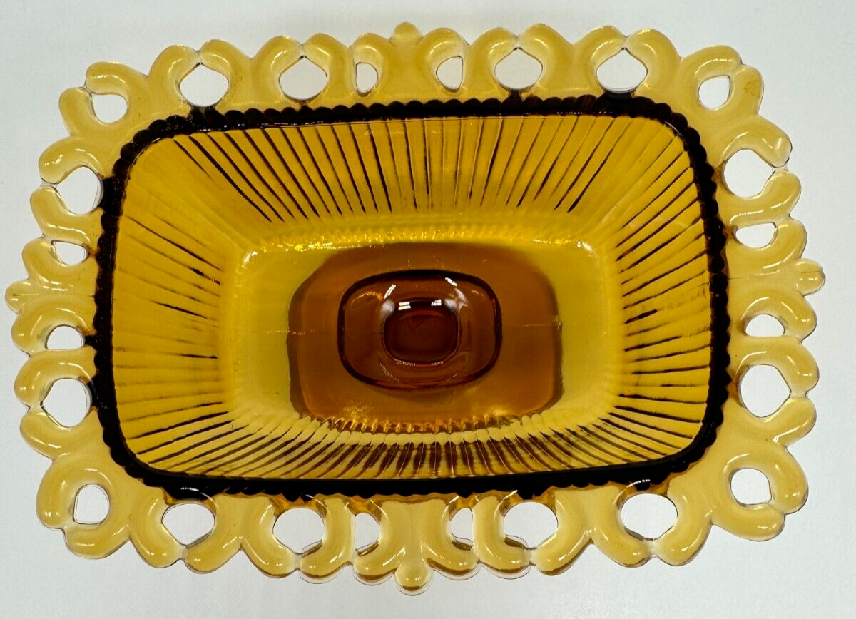 Vintage Indiana Glass Amber Lace Edge Ribbed Candy Dish w/ Lid Mid Mod