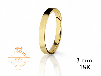 18K Yellow Solid Gold 3mm FLAT Wedding Band Ring - Comfort Fit Matte Brushed