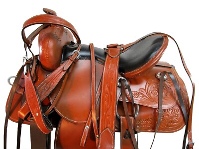 WESTERN TRAIL SADDLE HORSE PLEASURE RODEO COWBOY TOOLED LEATHER USED TACK SET 16