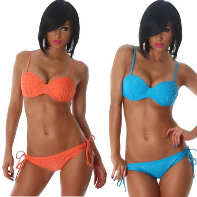 Damen Bikini Set Push Up Balconette Träger Glitzer Strass Skinny Slim bindbar