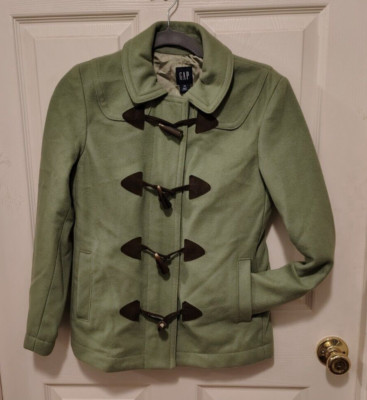 GAP XS Olive Green Cropped Style Wool Blend Horn Button Toggle Coat Jacket