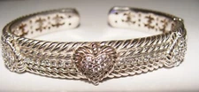 Judith Ripka Sterling Silver Multi CZ Hearts Cable Cuff Bangle Bracelet 44.4g