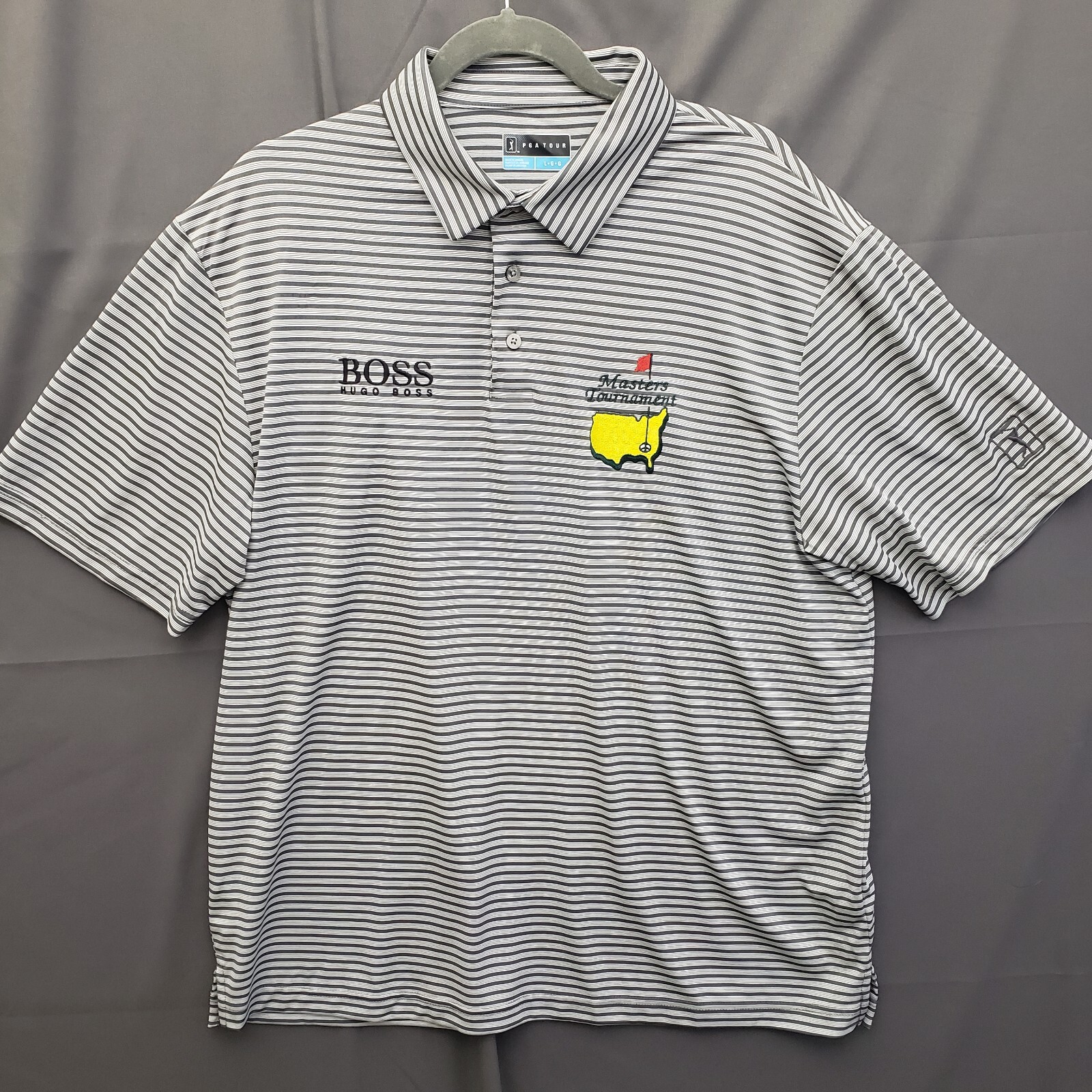 PGA Tour Hugo Boss Polo Shirt Men Large Gray Striped Golf Masters