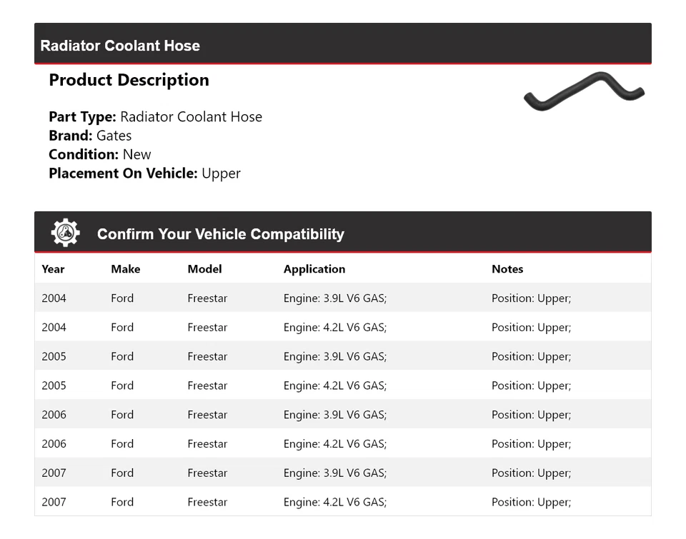 Manguera de refrigerante de radiador para Ford Freestar 2004-2007 puertas superiores 2005 2006 Foto 2 de 4