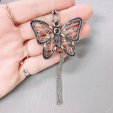 Stainless Steel Butterfly Necklace with 78 Black CZ Stones and Tassel Pendant