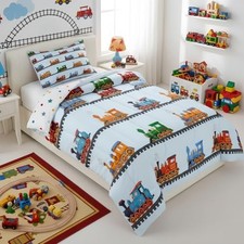 Cartoon Train Kids Comforter Set  Cute Steam Engine Bedding Toddler Pale Blue