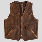 Men's Brown Genuine Leather Vest Western Cowboy Biker Motorcycle Waistcoat