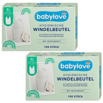 Babylove Hygienische Windelbeutel Doppelpack, 2 x  100 Stück, 3 Liter