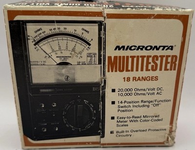 Vtg Micronta 18-Range Multitester Cat. No. 22-201U 20,000 OHMS/Volt DC W/Box
